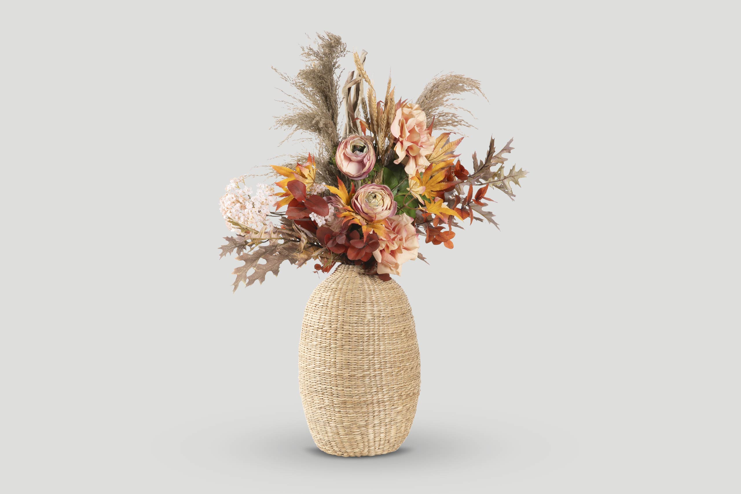 Autumn Inspired Floral Arrangement In Woven Vase